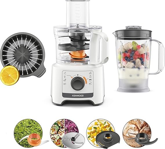 Kenwood Food processor 800 watts, 2.1 liter chopper + 1.2 liter blender + 1 disc for grating and chopping + cream whisk + orange juicer + mill, white color 2 years warranty raya